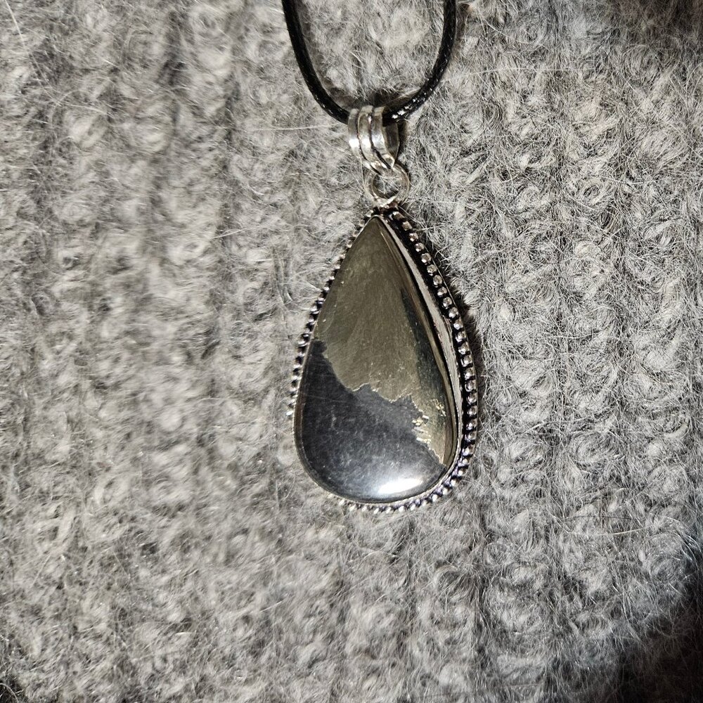 Copy - apache goldstone, gemstone pendant, silver plate, black cord, new